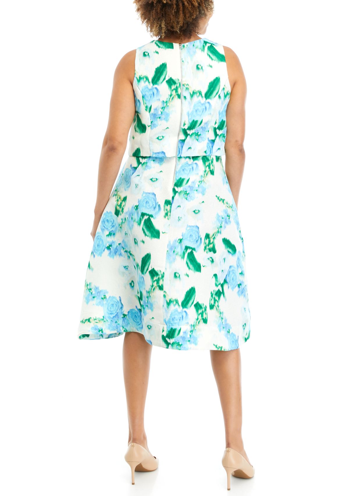 Womens Floral Printed Sleeveless Bouclé Fit and Flare Dress