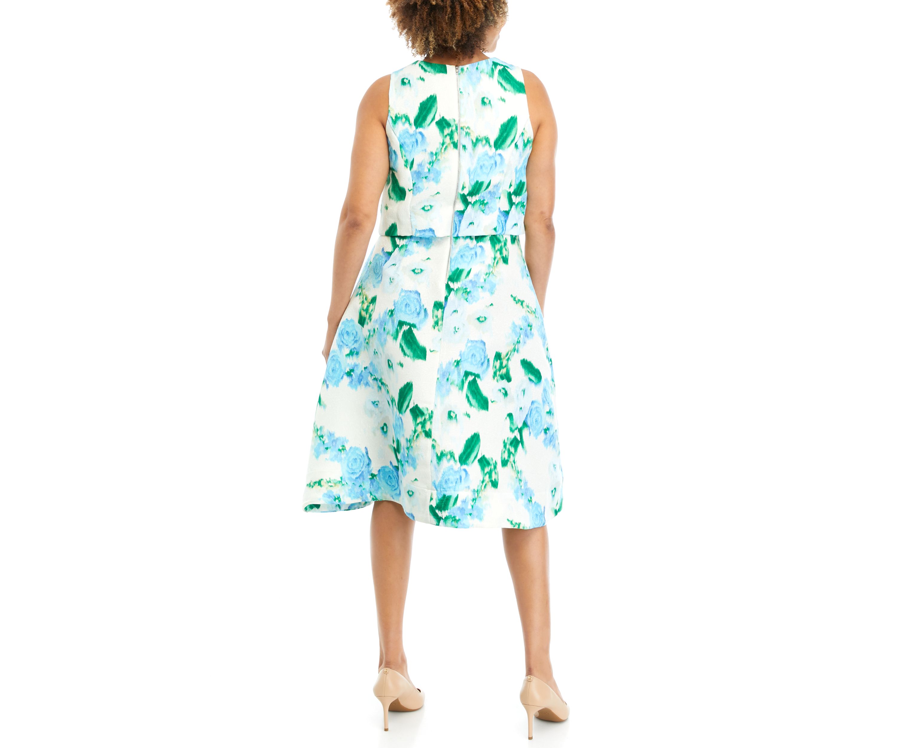 Womens Floral Printed Sleeveless Bouclé Fit and Flare Dress