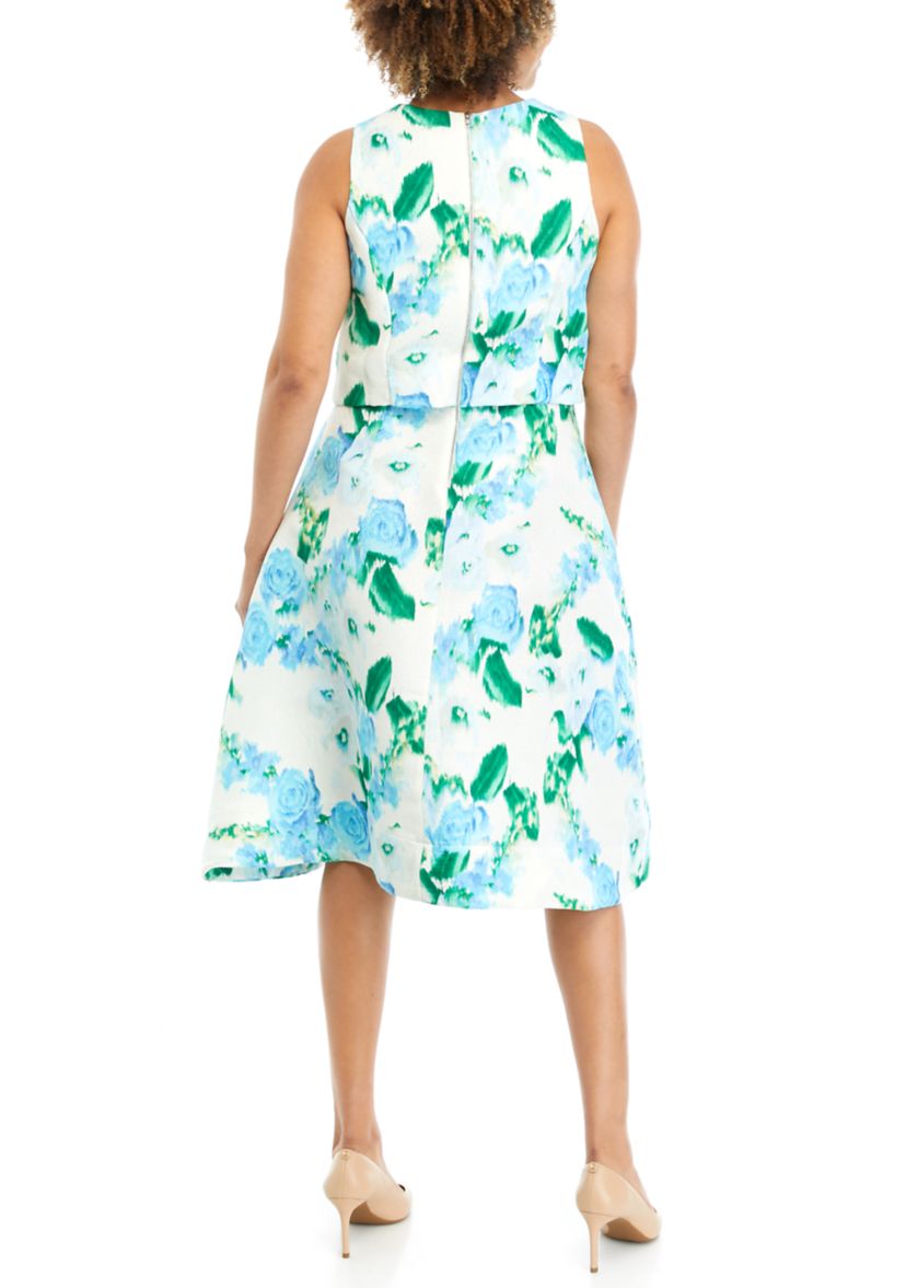 Womens Floral Printed Sleeveless Bouclé Fit and Flare Dress