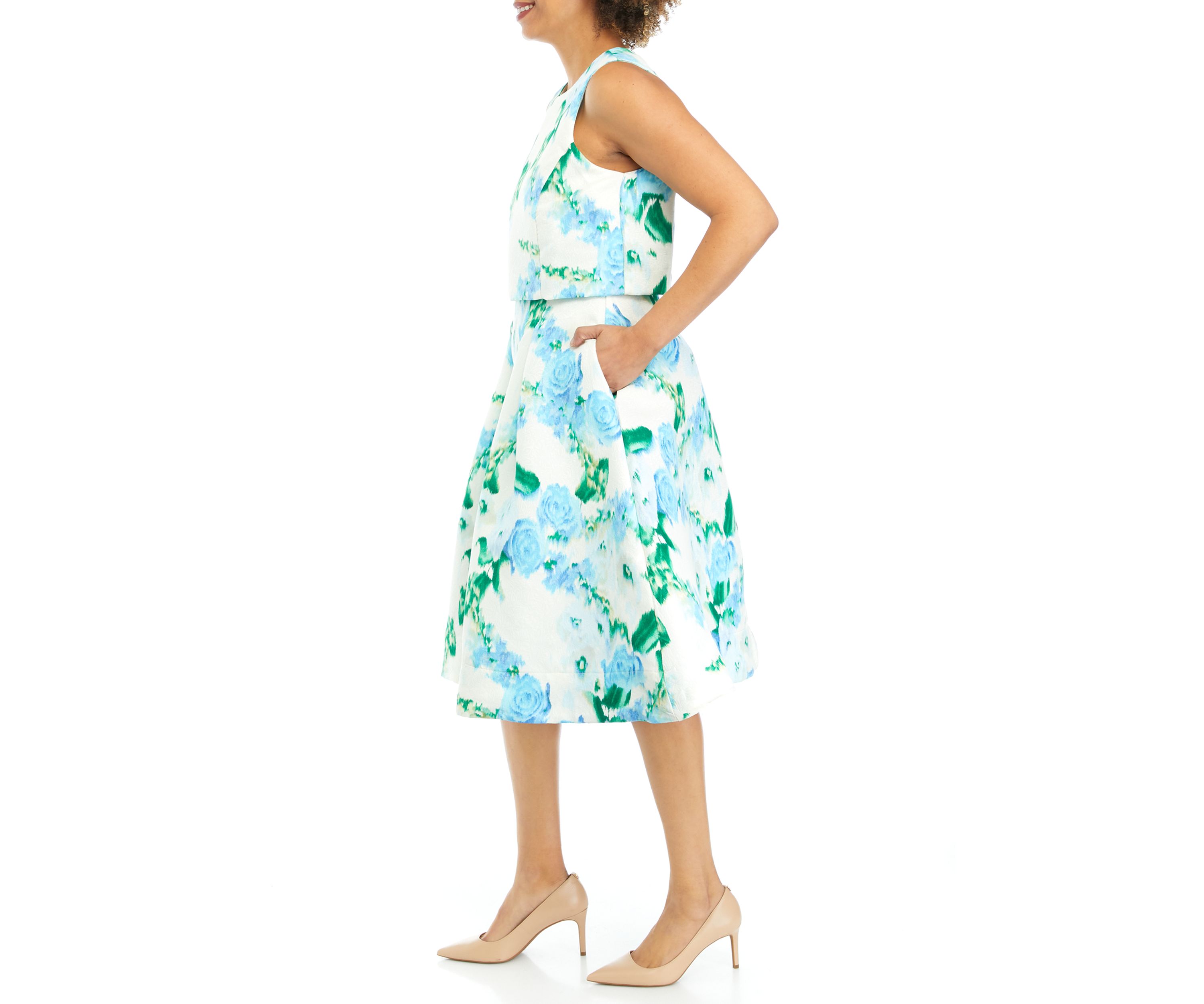 Womens Floral Printed Sleeveless Bouclé Fit and Flare Dress