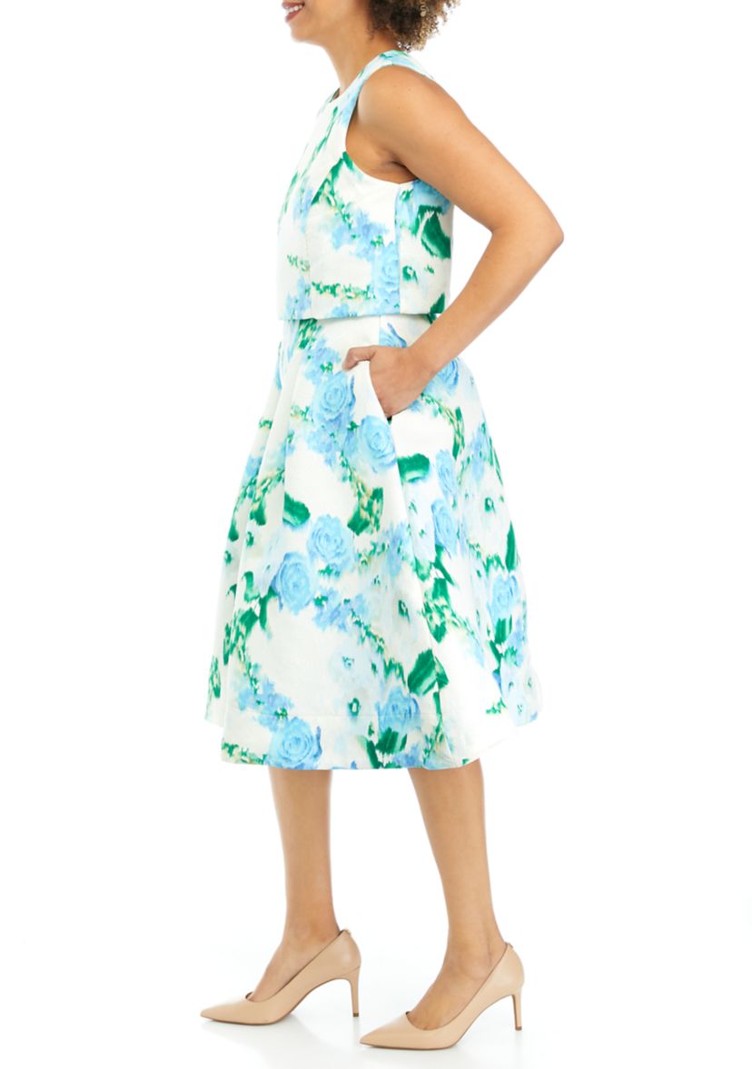 Womens Floral Printed Sleeveless Bouclé Fit and Flare Dress