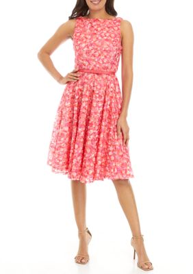 Women's Sleeveless Belted Ditsy Printed Lace Fit and Flare Dress
