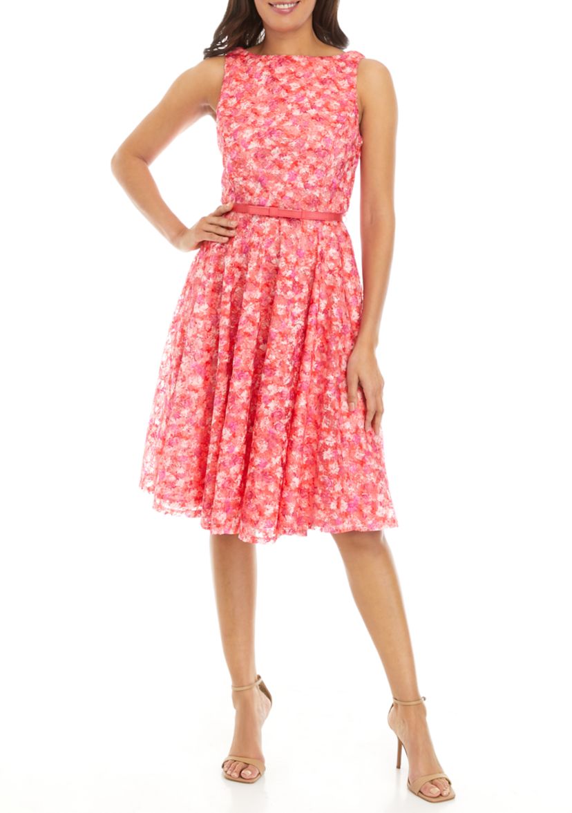 Womens Sleeveless Belted Ditsy Printed Lace Fit and Flare Dress