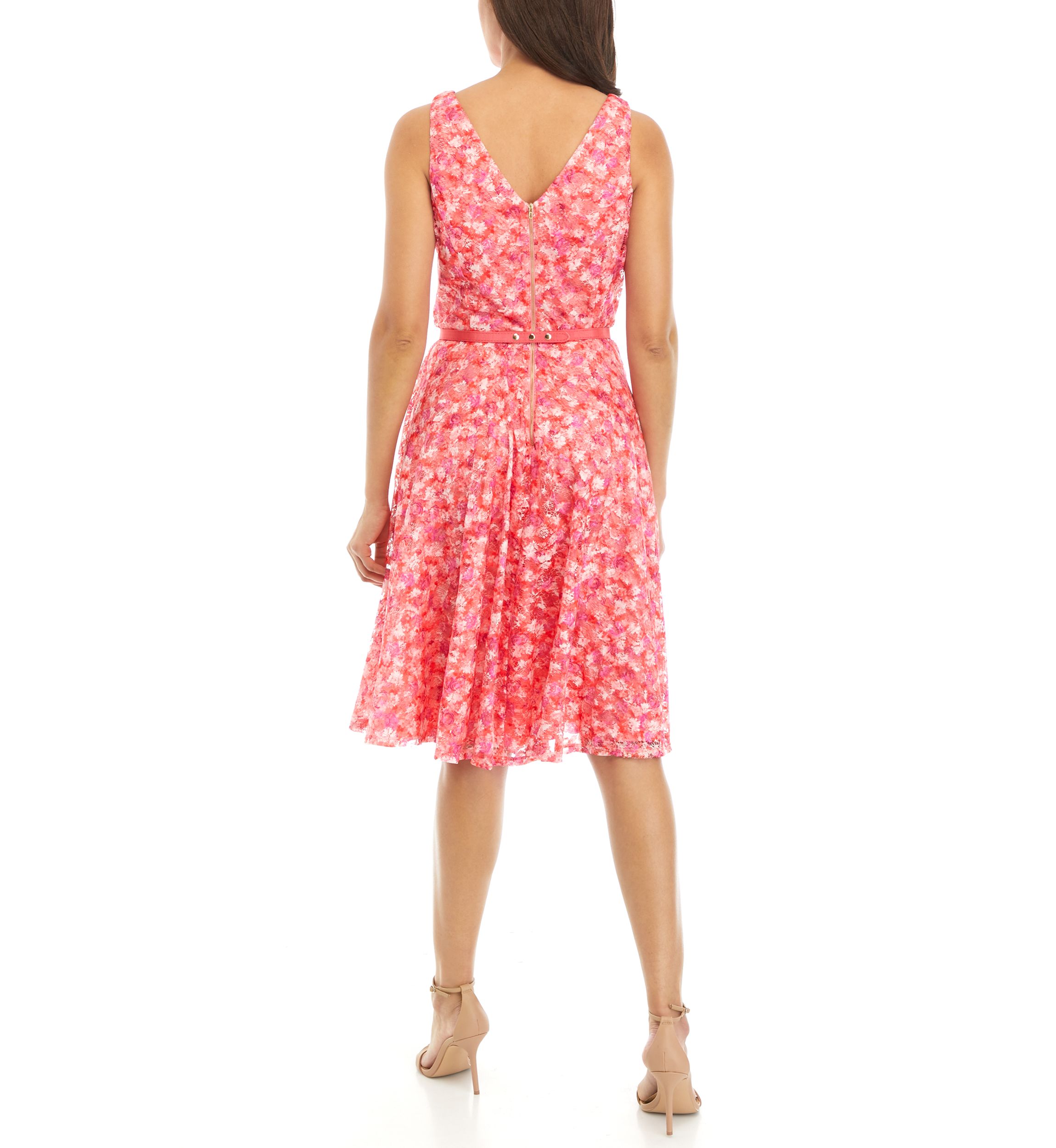 Womens Sleeveless Belted Ditsy Printed Lace Fit and Flare Dress