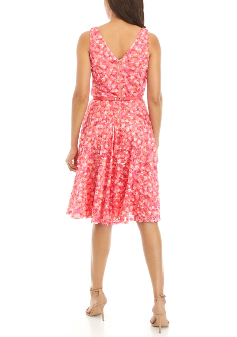Womens Sleeveless Belted Ditsy Printed Lace Fit and Flare Dress