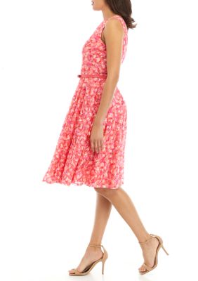 Women's Sleeveless Belted Ditsy Printed Lace Fit and Flare Dress