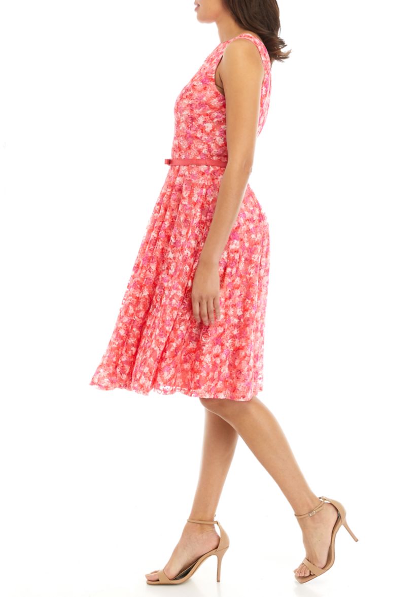 Womens Sleeveless Belted Ditsy Printed Lace Fit and Flare Dress