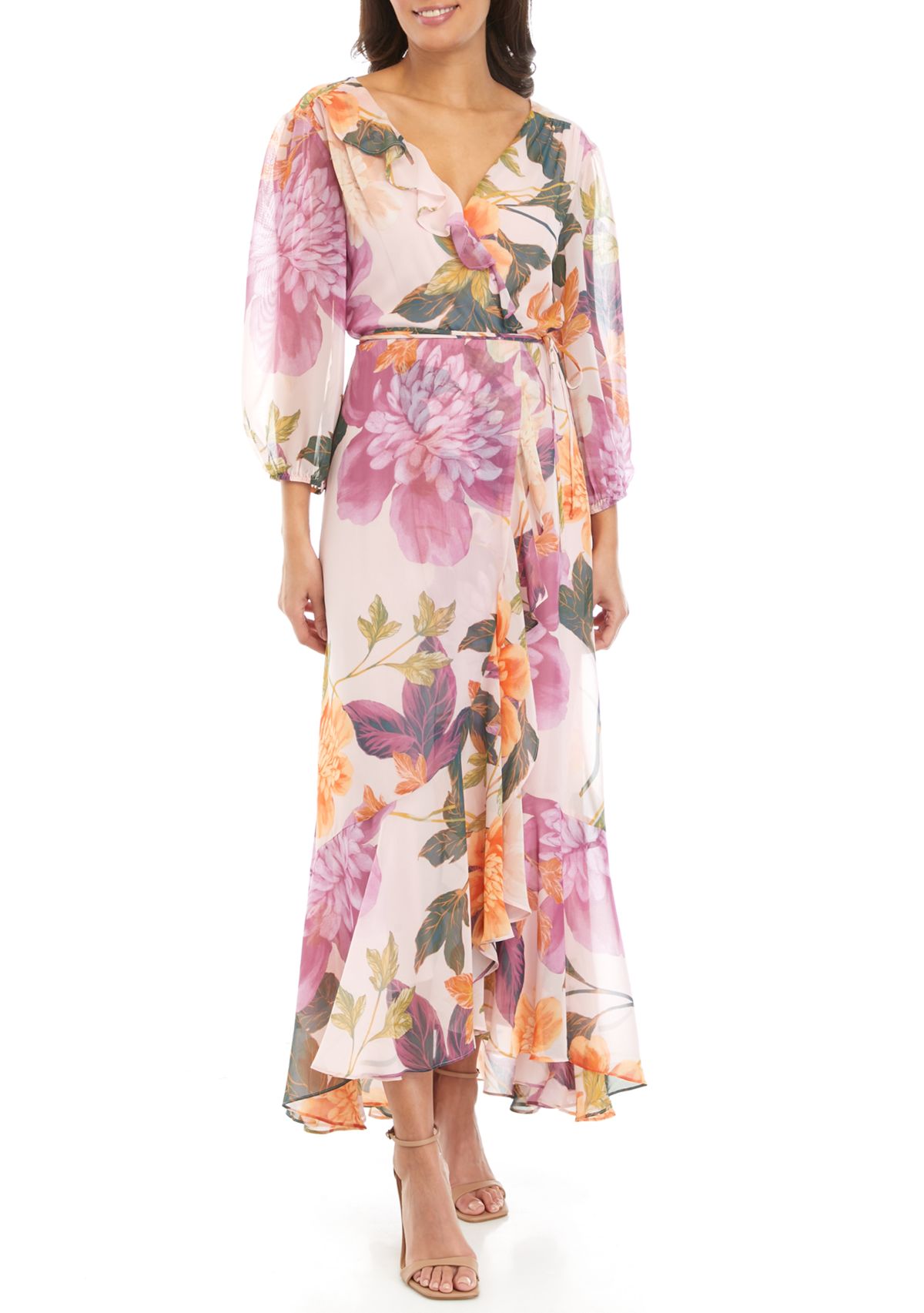 Womens 3/4 Sleeve Floral Print Chiffon Wrap Maxi Dress