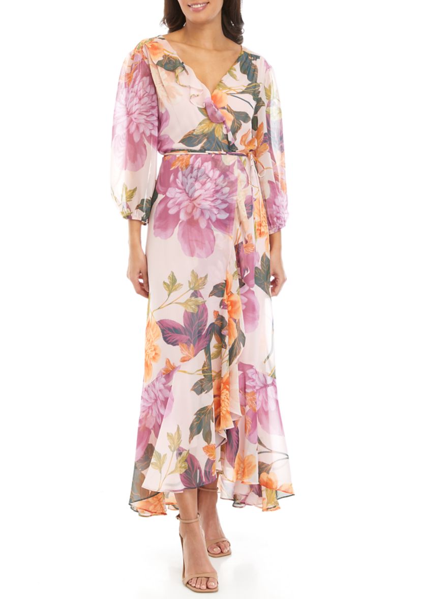 Womens 3/4 Sleeve Floral Print Chiffon Wrap Maxi Dress