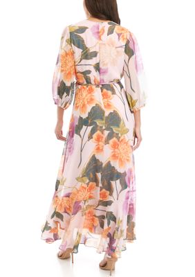 Women's 3/4 Sleeve Floral Print Chiffon Wrap Maxi Dress