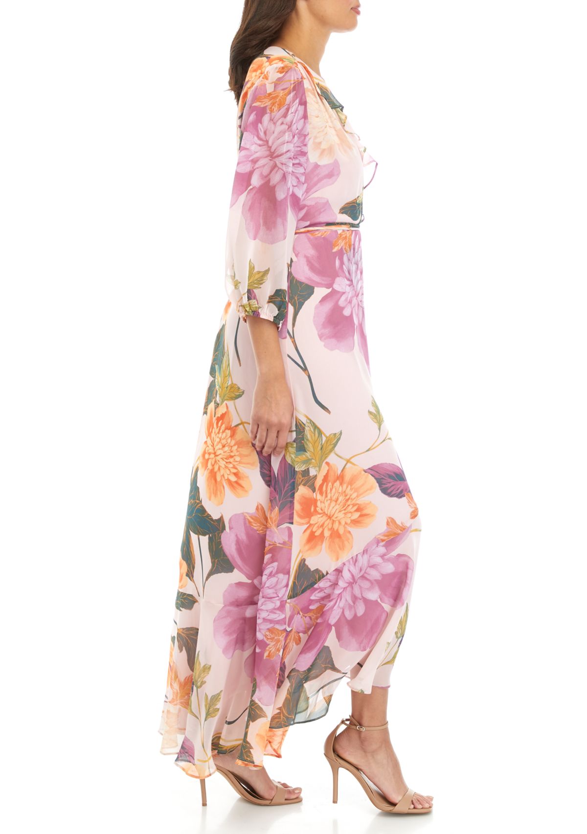 Womens 3/4 Sleeve Floral Print Chiffon Wrap Maxi Dress