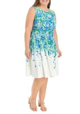 Plus Sleeveless Ombré Floral Print Scuba Fit and Flare Dress