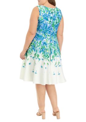 Plus Sleeveless Ombré Floral Print Scuba Fit and Flare Dress