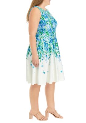 Plus Sleeveless Ombré Floral Print Scuba Fit and Flare Dress