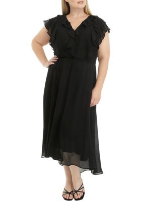 Plus Short Sleeve V-Neck Ruffle Chiffon Midi Dress