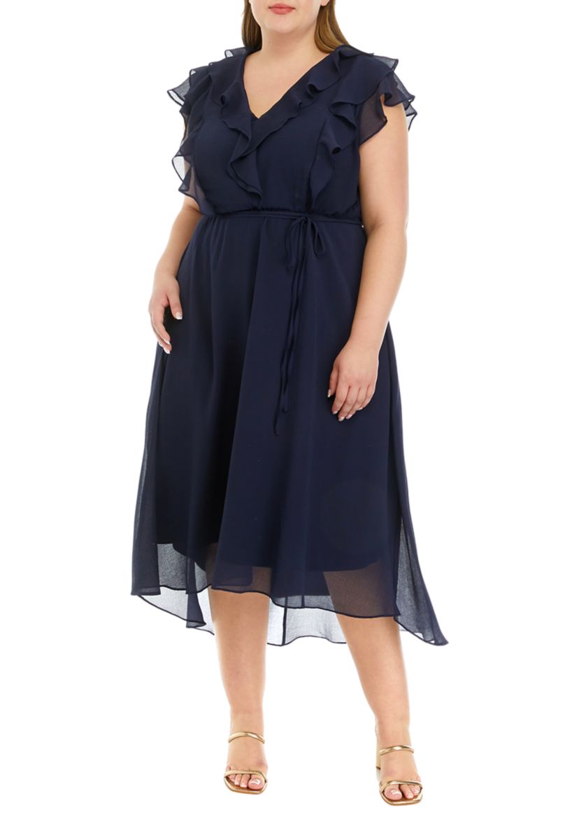 Plus Size Short Sleeve V-Neck Ruffle Chiffon Midi Dress