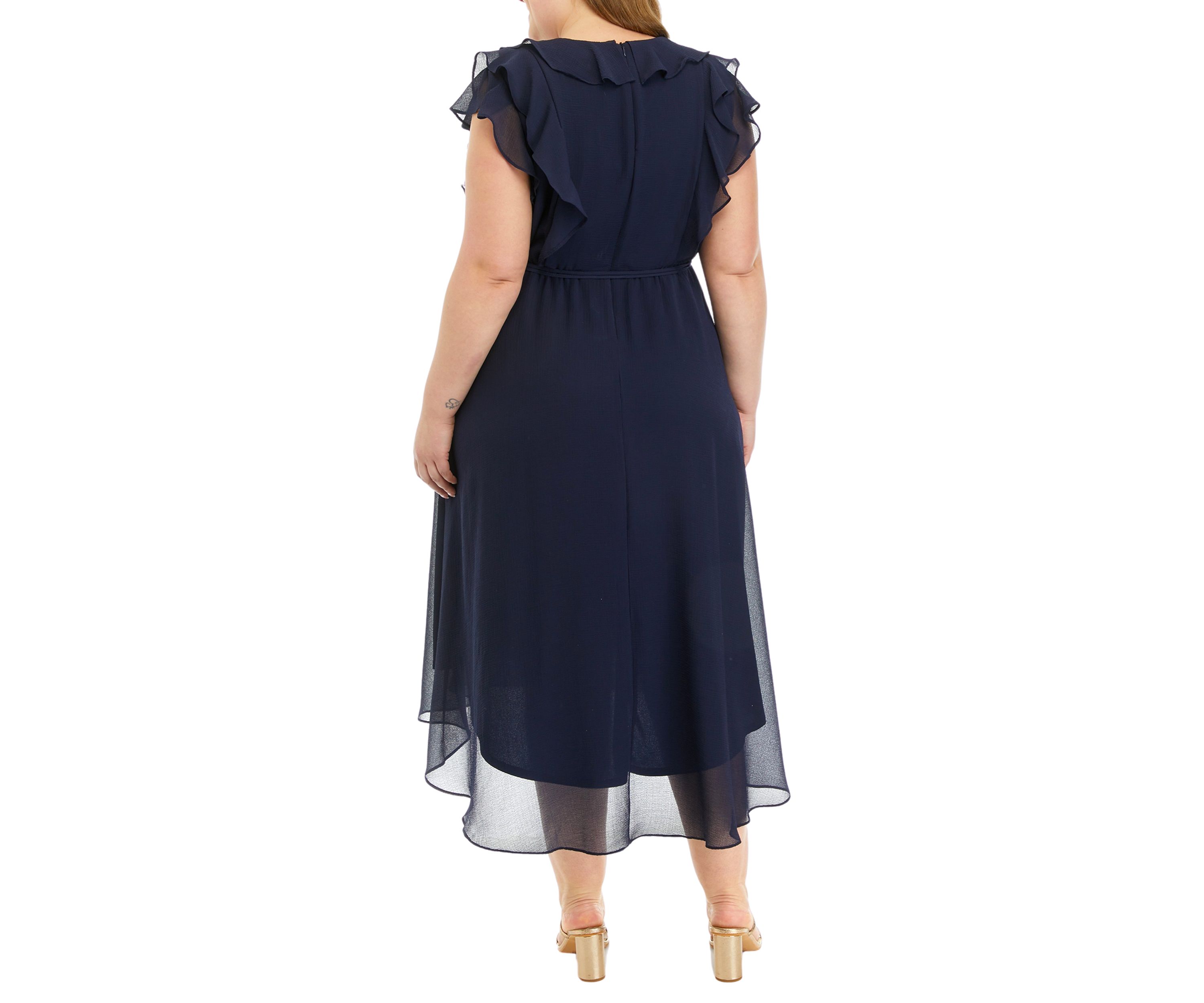 Plus Size Short Sleeve V-Neck Ruffle Chiffon Midi Dress