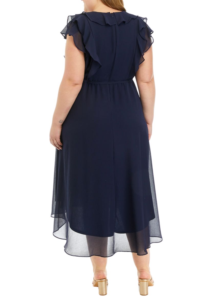 Plus Size Short Sleeve V-Neck Ruffle Chiffon Midi Dress