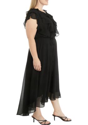 Plus Short Sleeve V-Neck Ruffle Chiffon Midi Dress