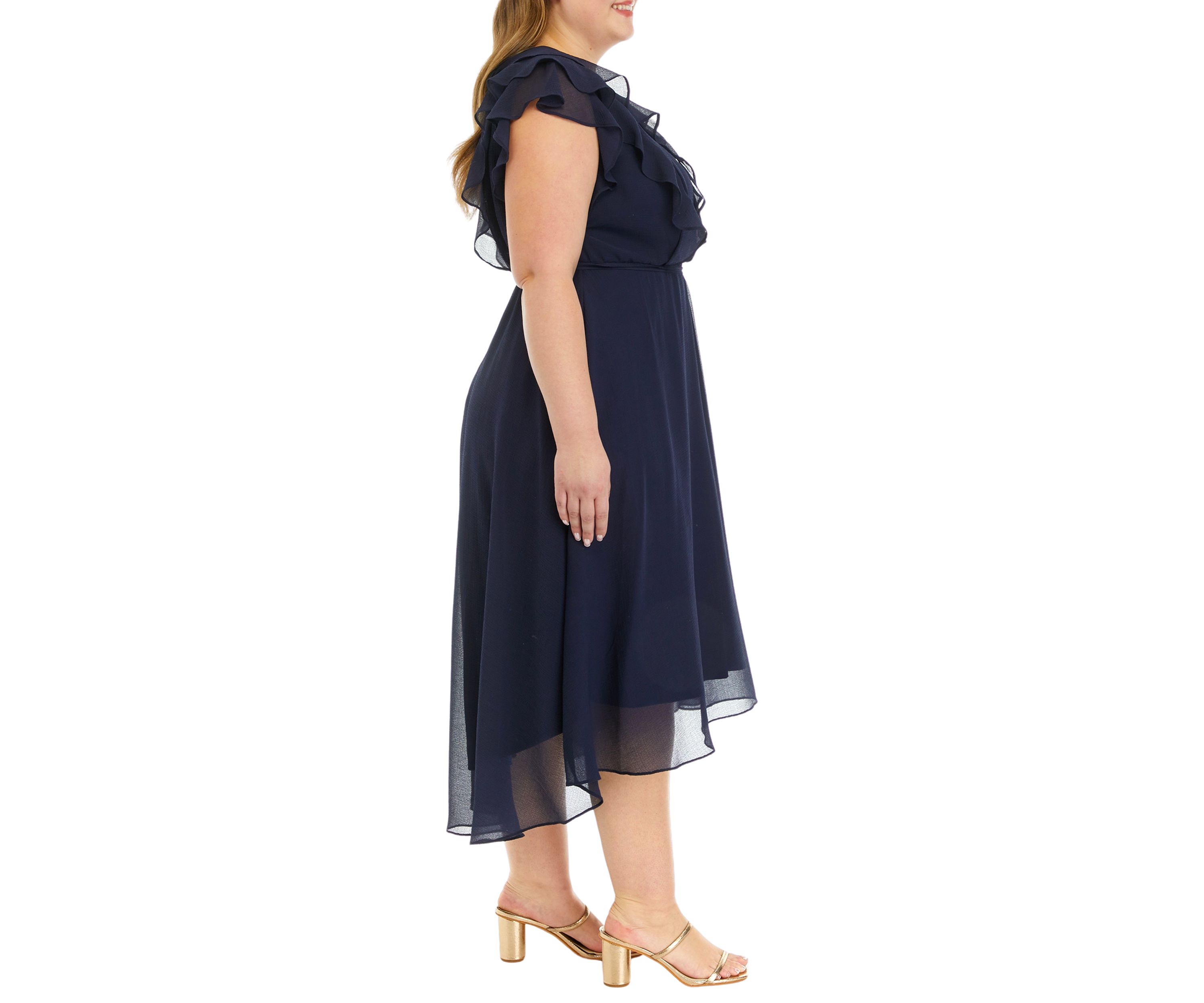 Plus Size Short Sleeve V-Neck Ruffle Chiffon Midi Dress