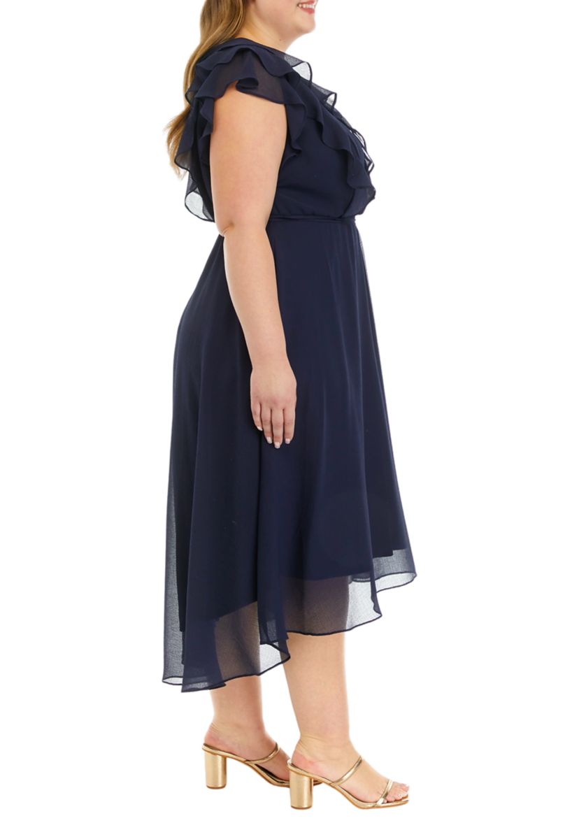 Plus Size Short Sleeve V-Neck Ruffle Chiffon Midi Dress