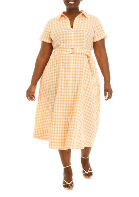 Plus Short Sleeve Gingham Tie Waist Midi Shirtdress