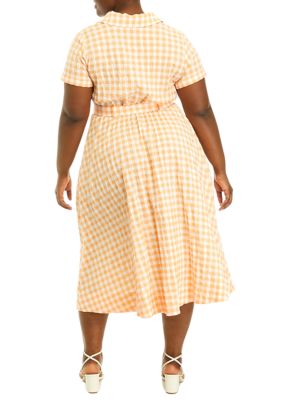 Plus Short Sleeve Gingham Tie Waist Midi Shirtdress