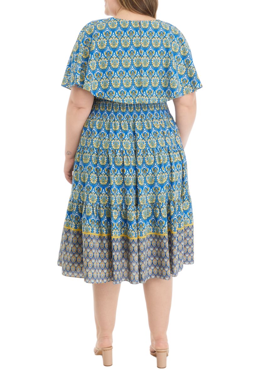 Plus Size Short Sleeve Round Neck Printed Chiffon Capelet Fit and Flare Dress