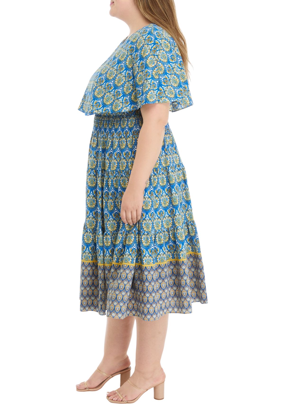 Plus Size Short Sleeve Round Neck Printed Chiffon Capelet Fit and Flare Dress