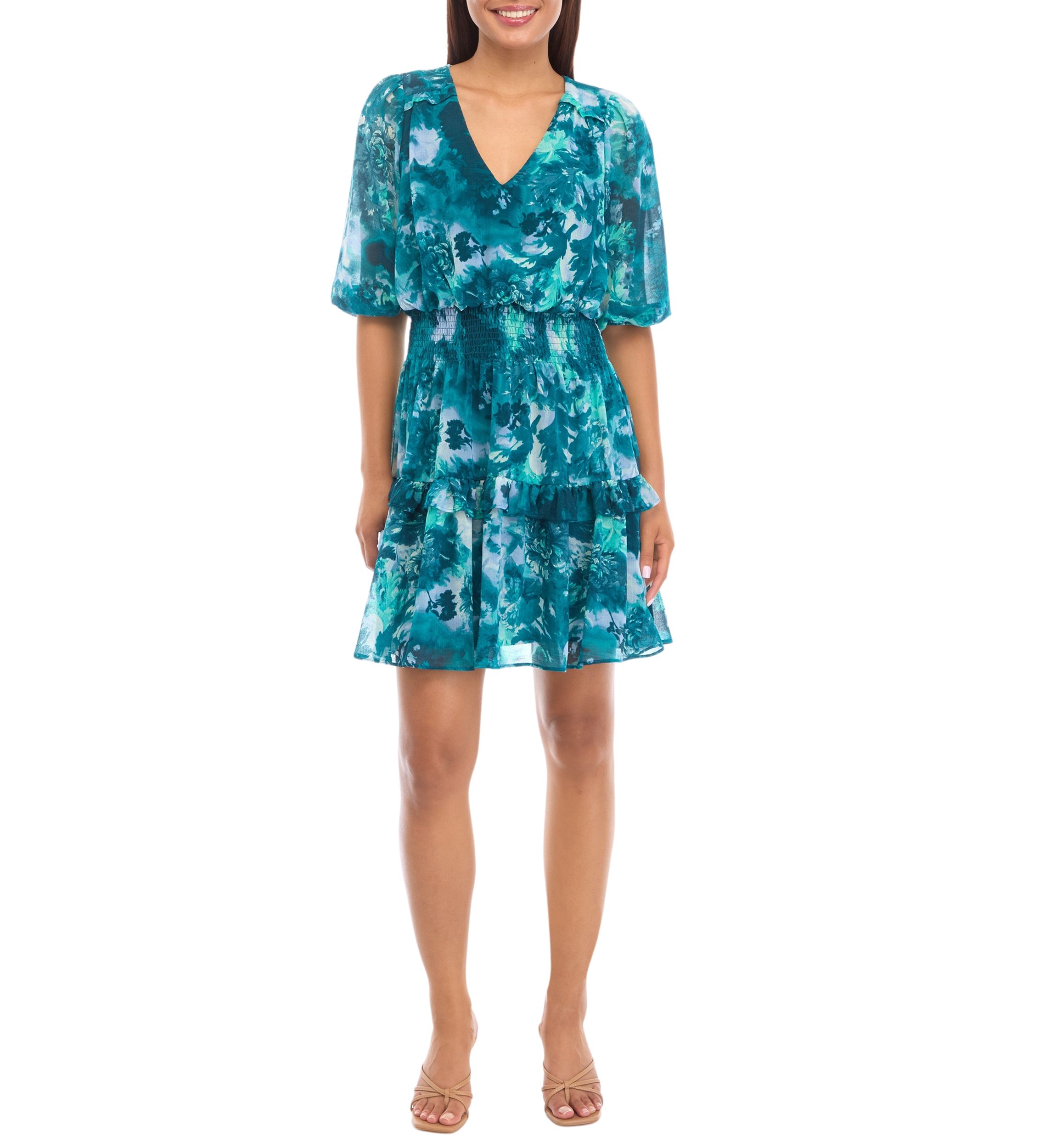 Womens 3/4 Blouson Sleeve Printed Chiffon Fit and Flare Dress