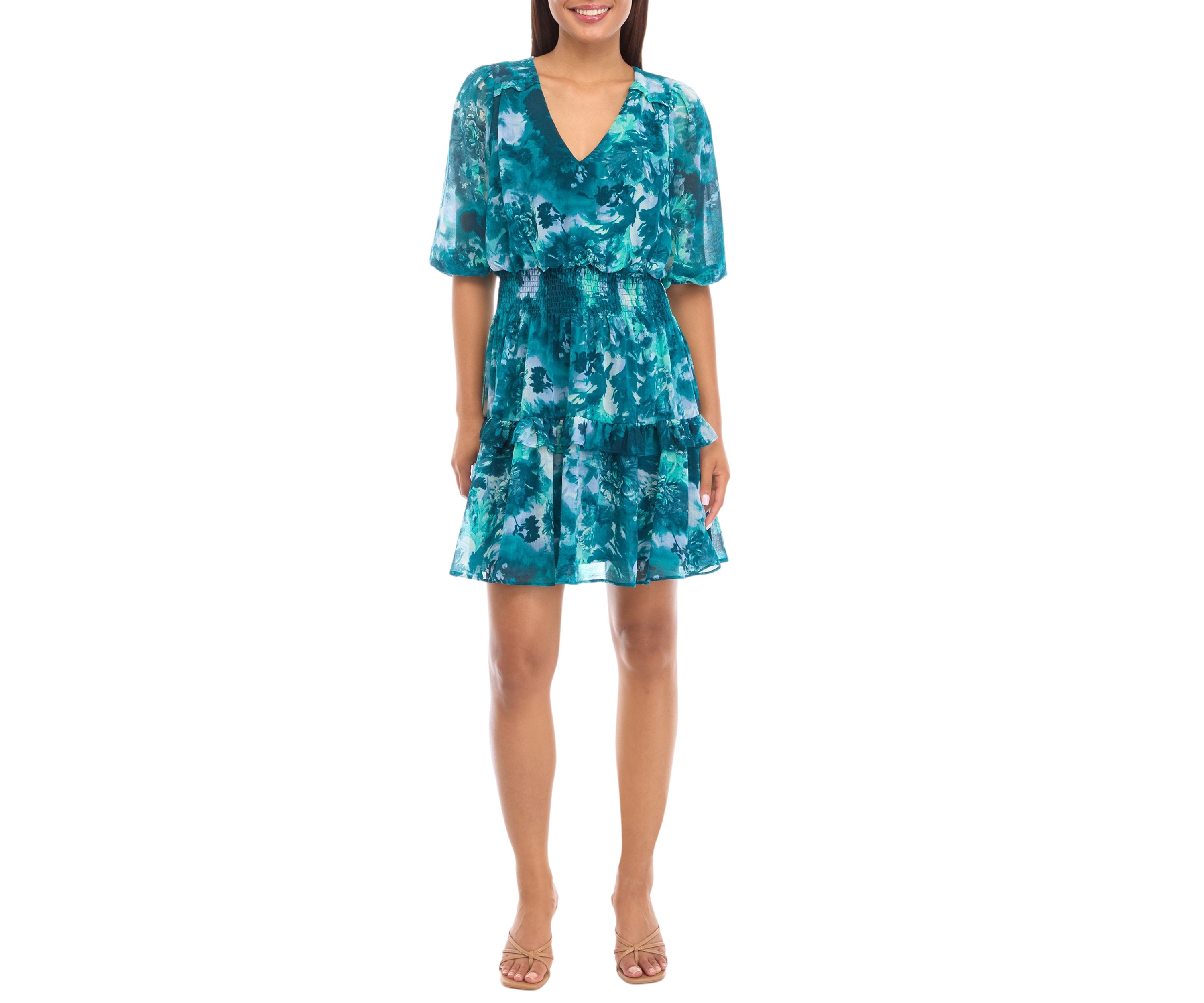 Womens 3/4 Blouson Sleeve Printed Chiffon Fit and Flare Dress