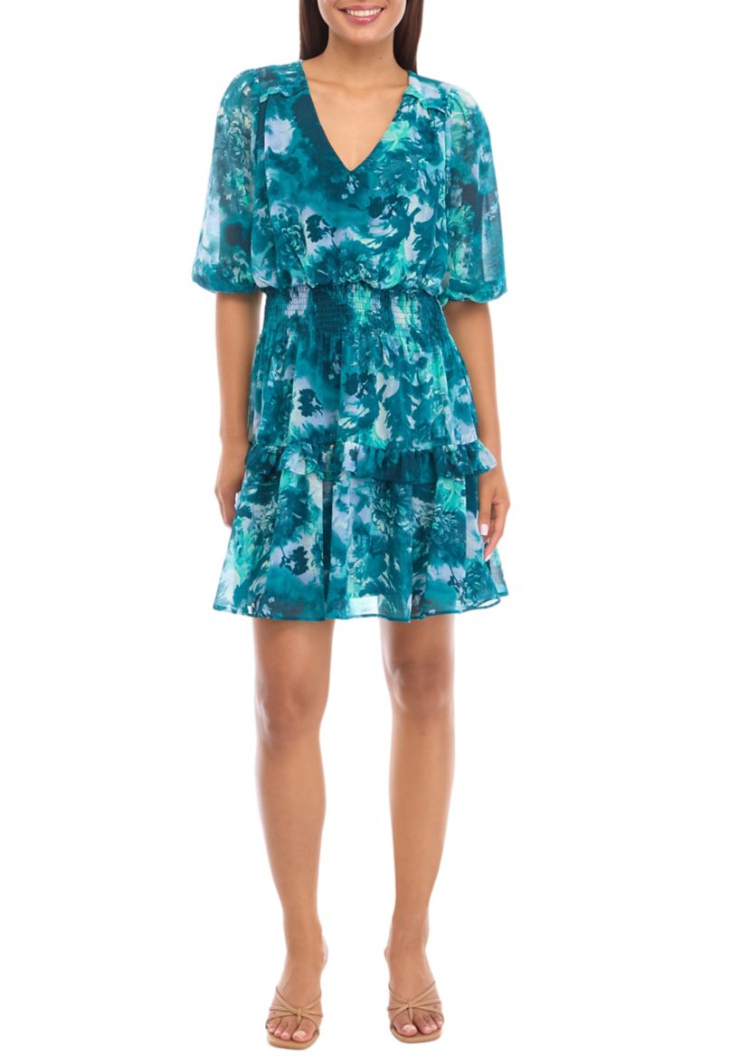 Womens 3/4 Blouson Sleeve Printed Chiffon Fit and Flare Dress