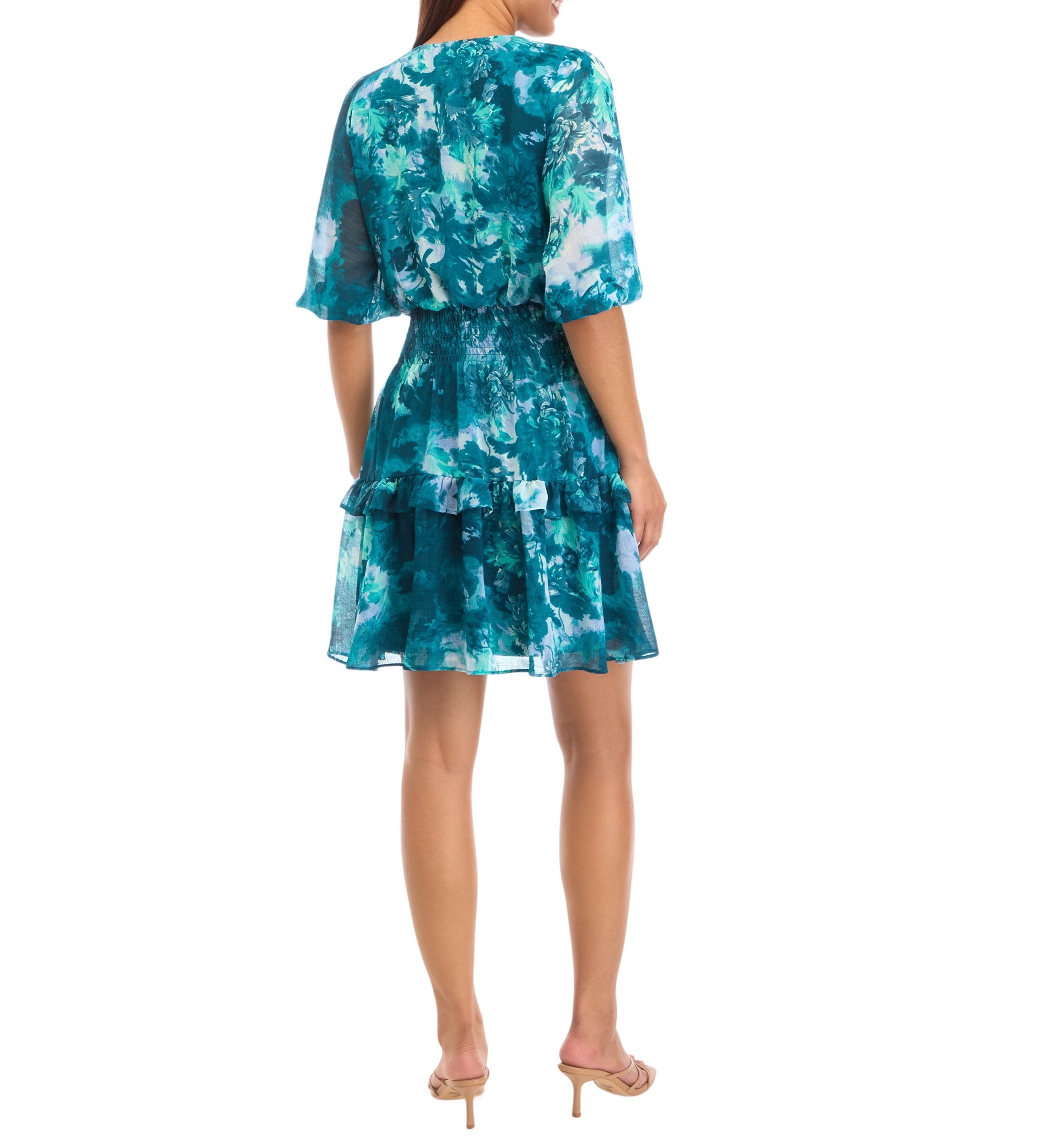 Womens 3/4 Blouson Sleeve Printed Chiffon Fit and Flare Dress