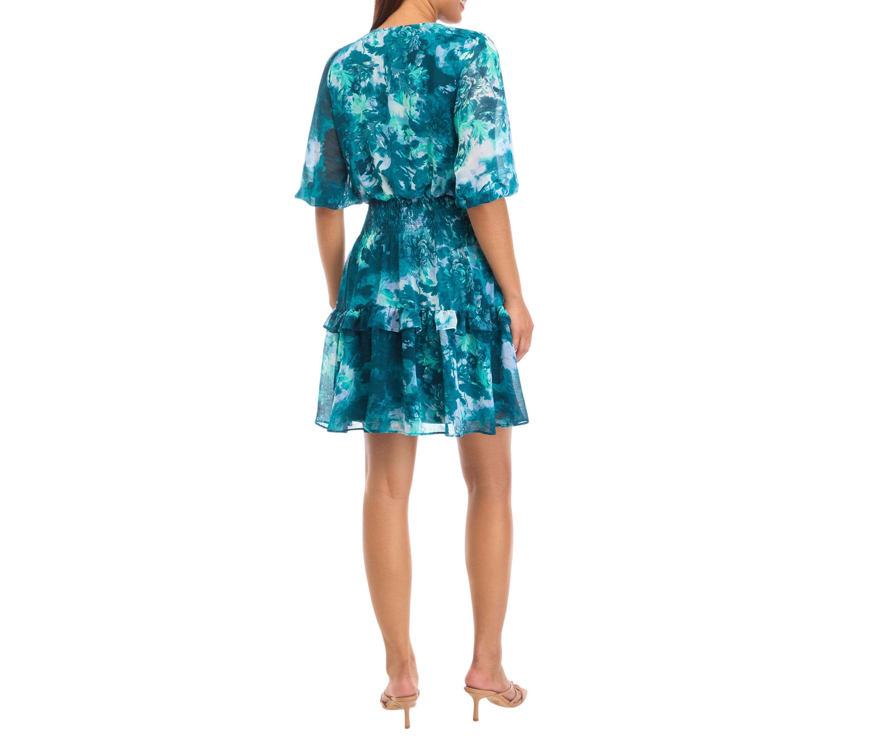 Womens 3/4 Blouson Sleeve Printed Chiffon Fit and Flare Dress