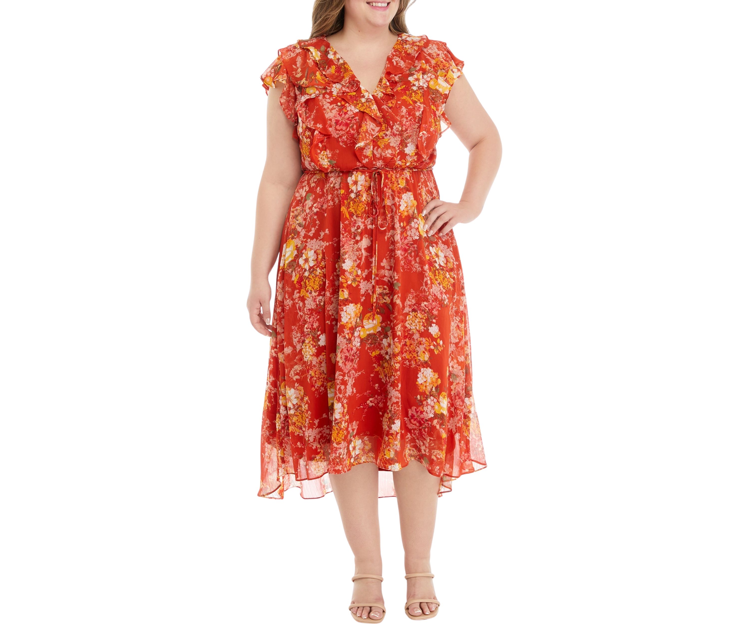 Plus Size Frill Short Sleeve V-Neck Floral Print Chiffon Fit and Flare Dress