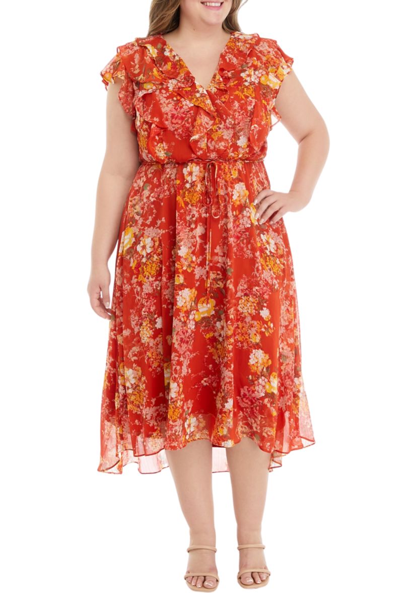 Plus Size Frill Short Sleeve V-Neck Floral Print Chiffon Fit and Flare Dress