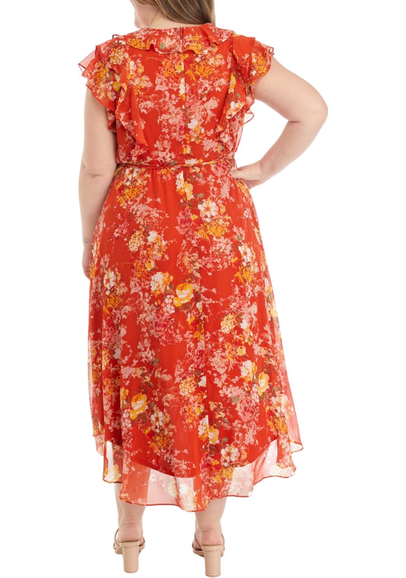 Plus Size Frill Short Sleeve V-Neck Floral Print Chiffon Fit and Flare Dress