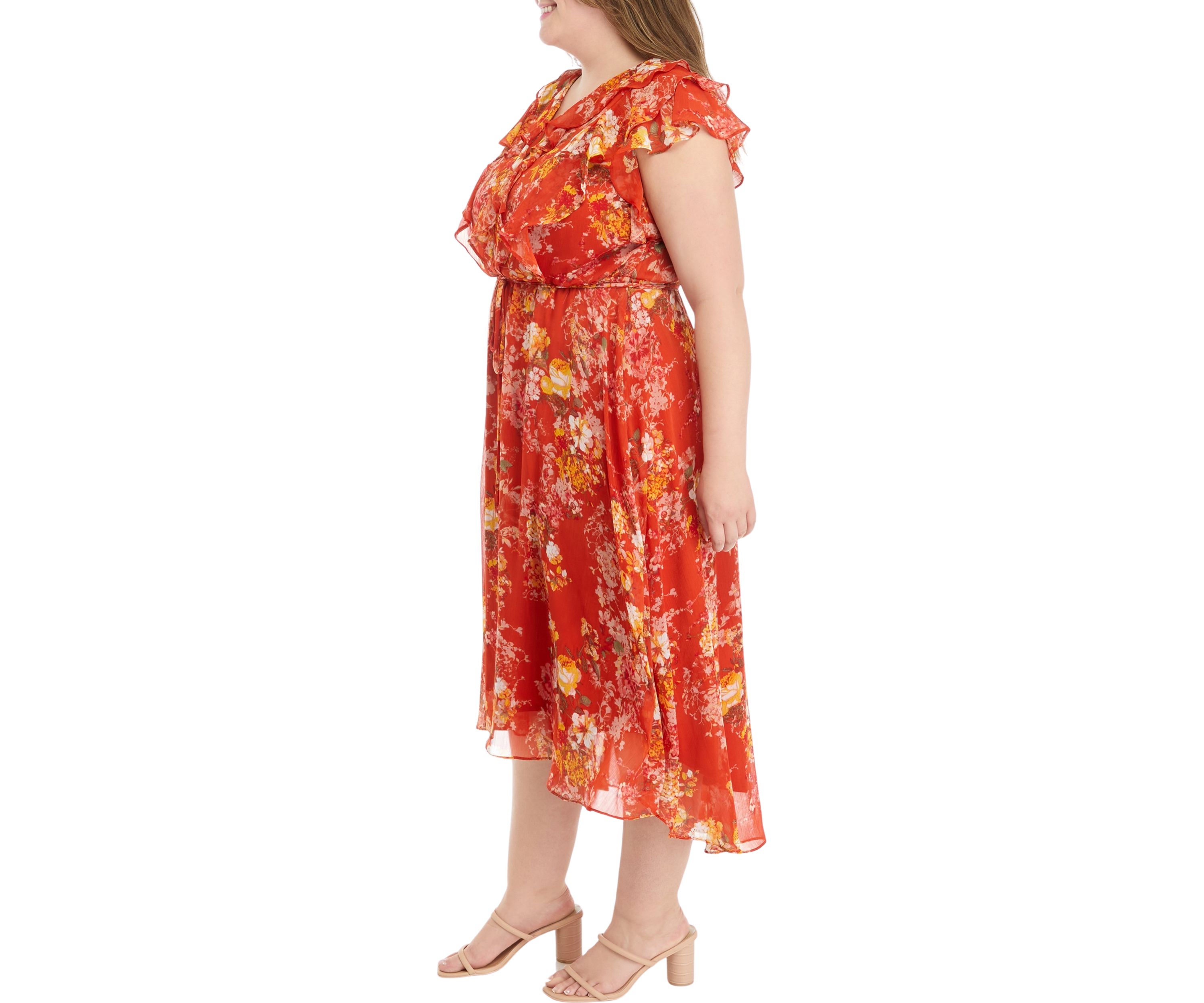 Plus Size Frill Short Sleeve V-Neck Floral Print Chiffon Fit and Flare Dress