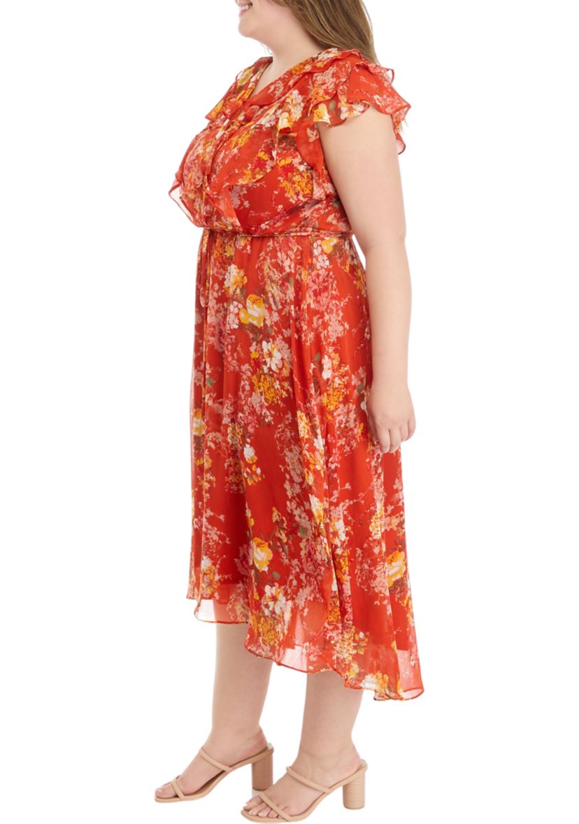 Plus Size Frill Short Sleeve V-Neck Floral Print Chiffon Fit and Flare Dress