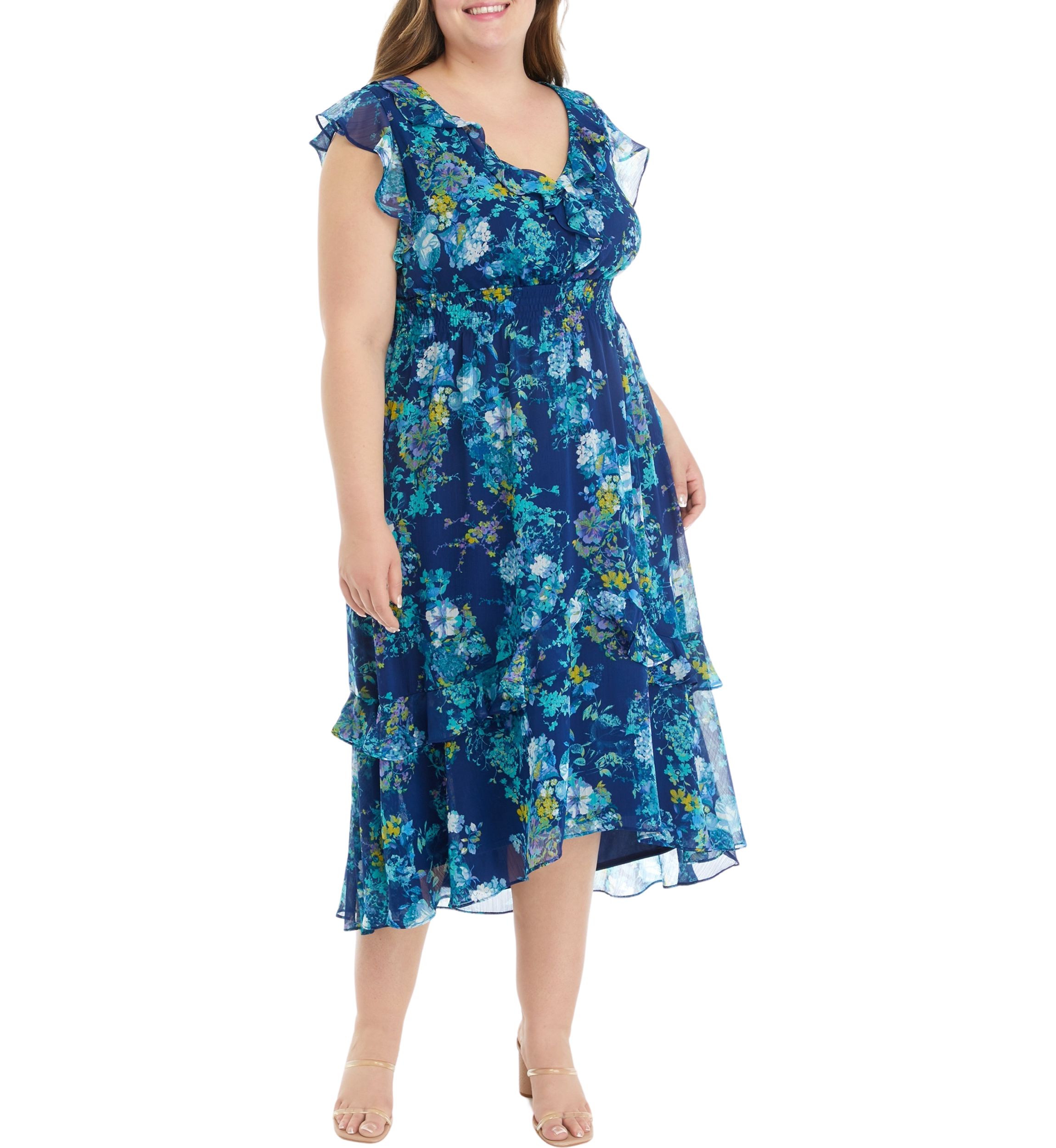Plus Size Frill Short Sleeve V-Neck Floral Print Chiffon Fit and Flare Dress
