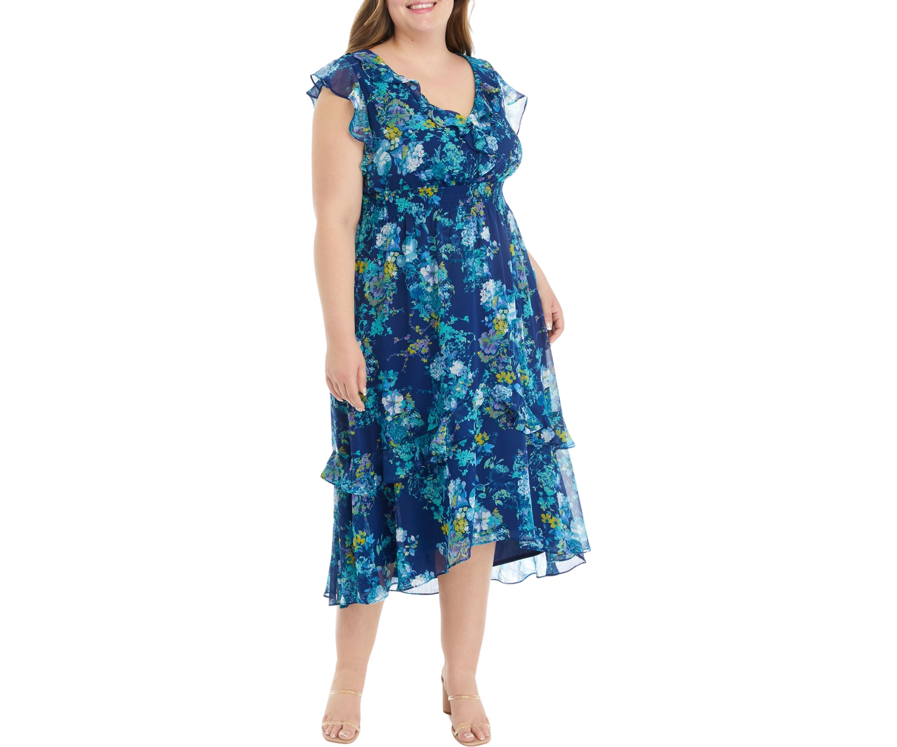 Plus Size Frill Short Sleeve V-Neck Floral Print Chiffon Fit and Flare Dress