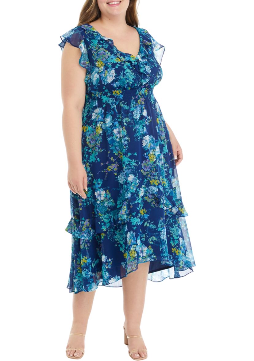 Plus Size Frill Short Sleeve V-Neck Floral Print Chiffon Fit and Flare Dress