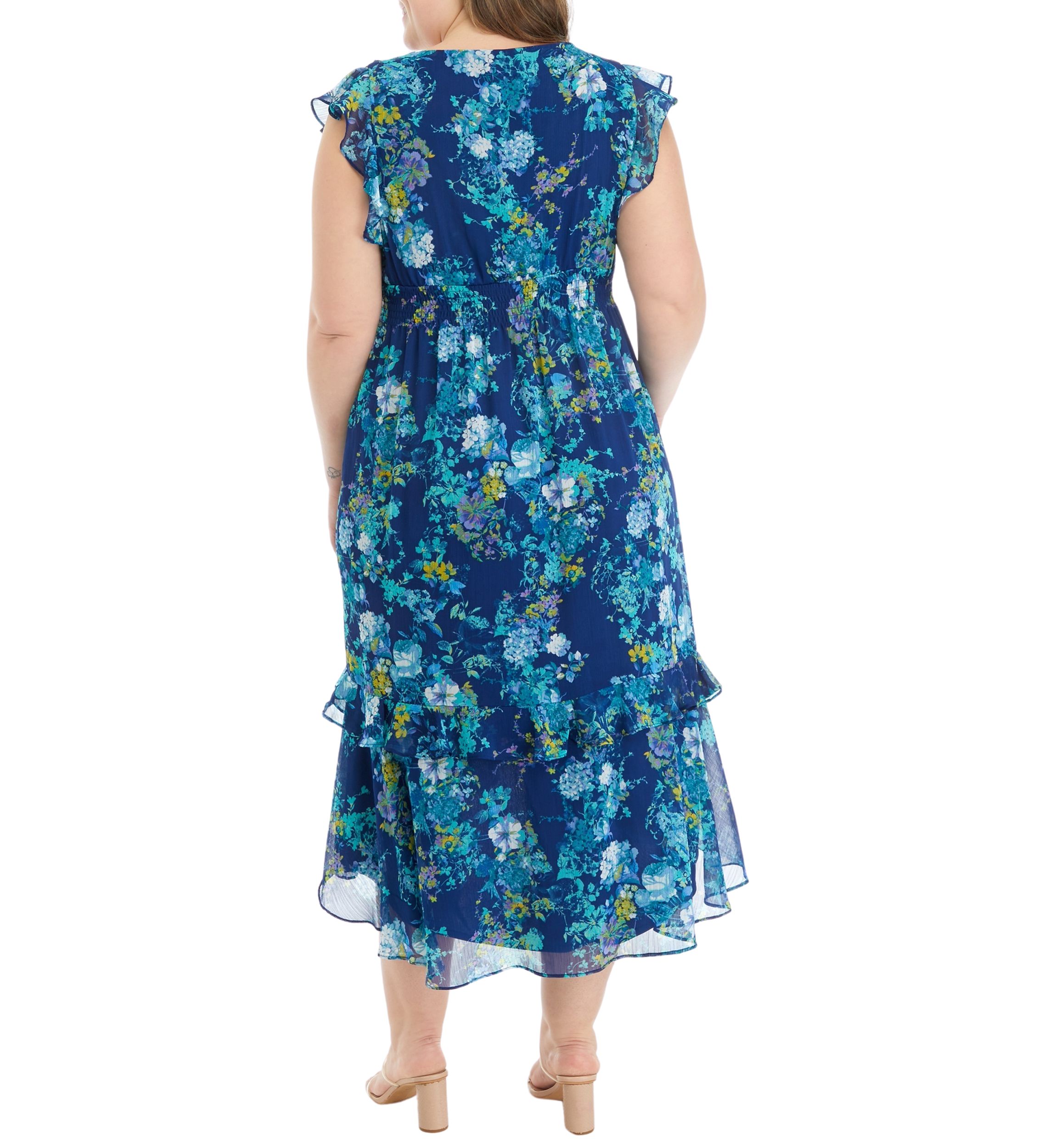 Plus Size Frill Short Sleeve V-Neck Floral Print Chiffon Fit and Flare Dress