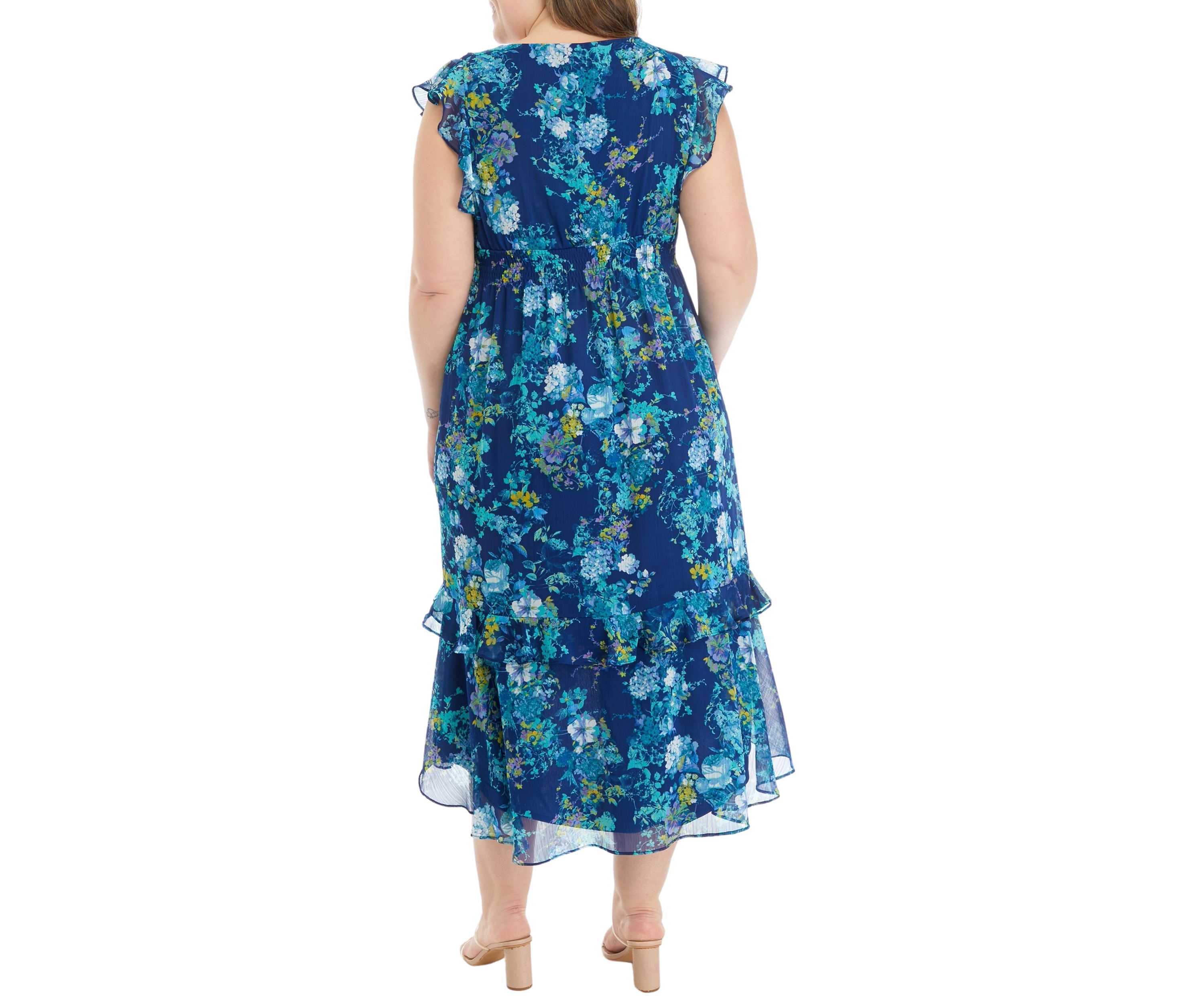 Plus Size Frill Short Sleeve V-Neck Floral Print Chiffon Fit and Flare Dress