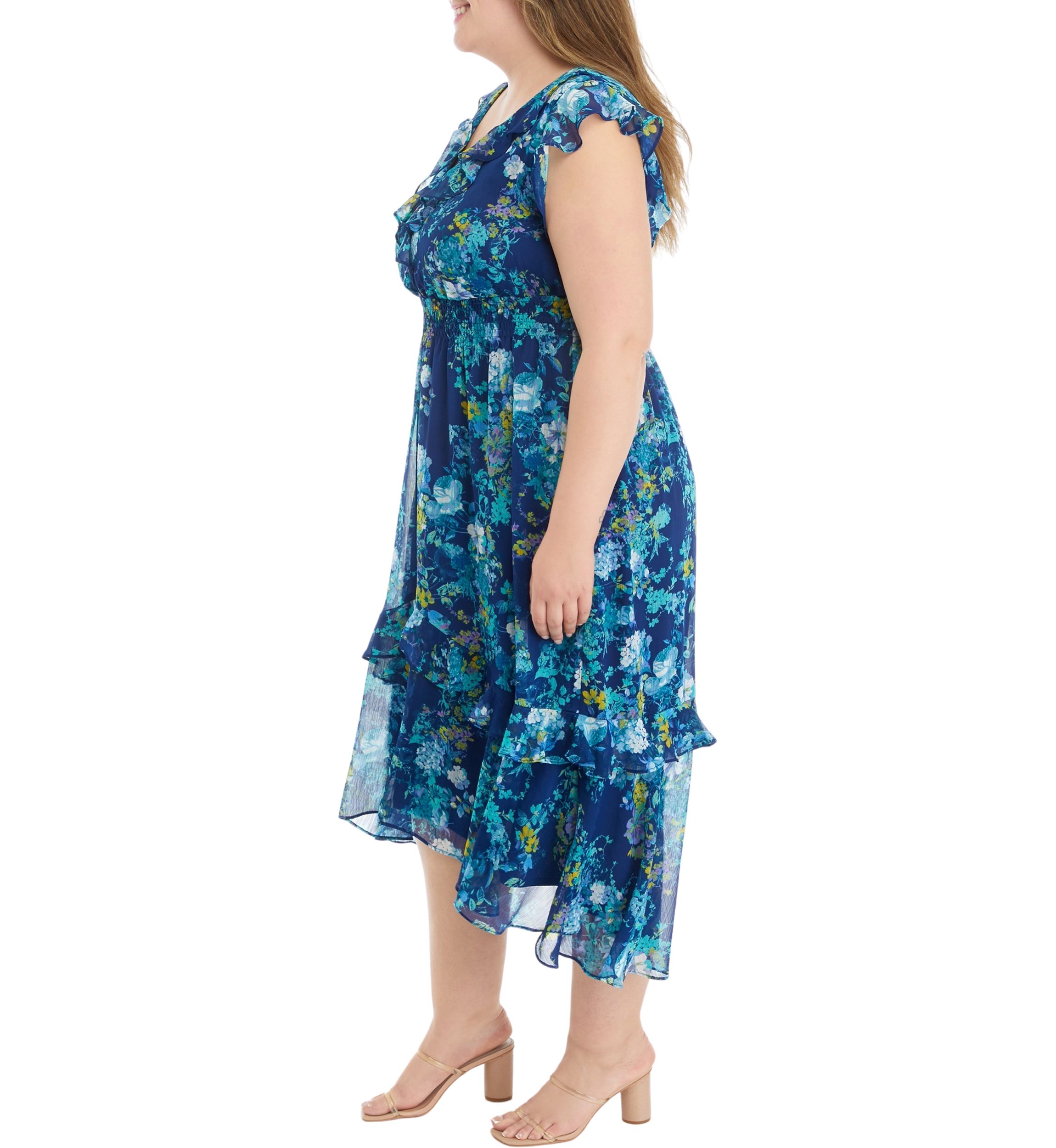 Plus Size Frill Short Sleeve V-Neck Floral Print Chiffon Fit and Flare Dress