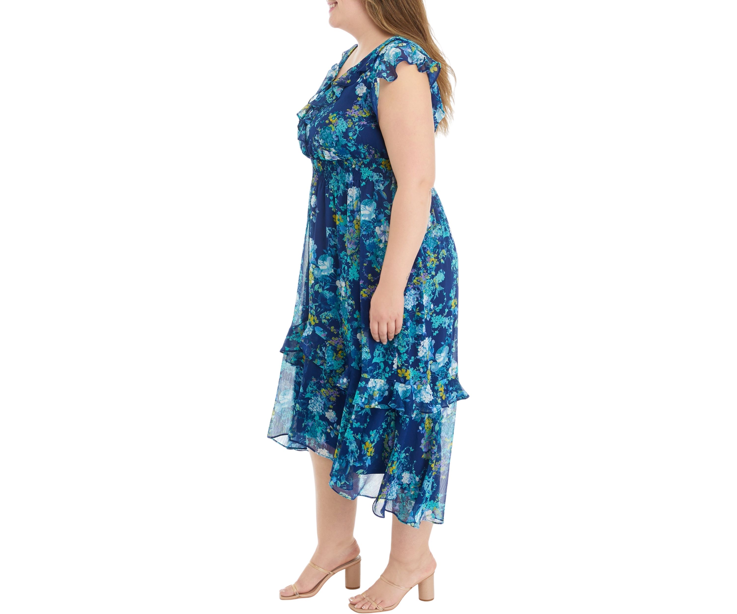 Plus Size Frill Short Sleeve V-Neck Floral Print Chiffon Fit and Flare Dress