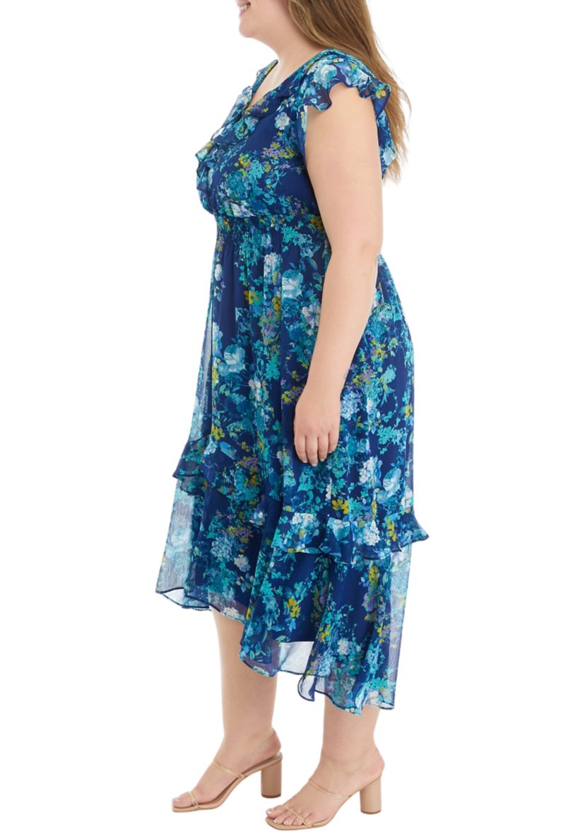 Plus Size Frill Short Sleeve V-Neck Floral Print Chiffon Fit and Flare Dress