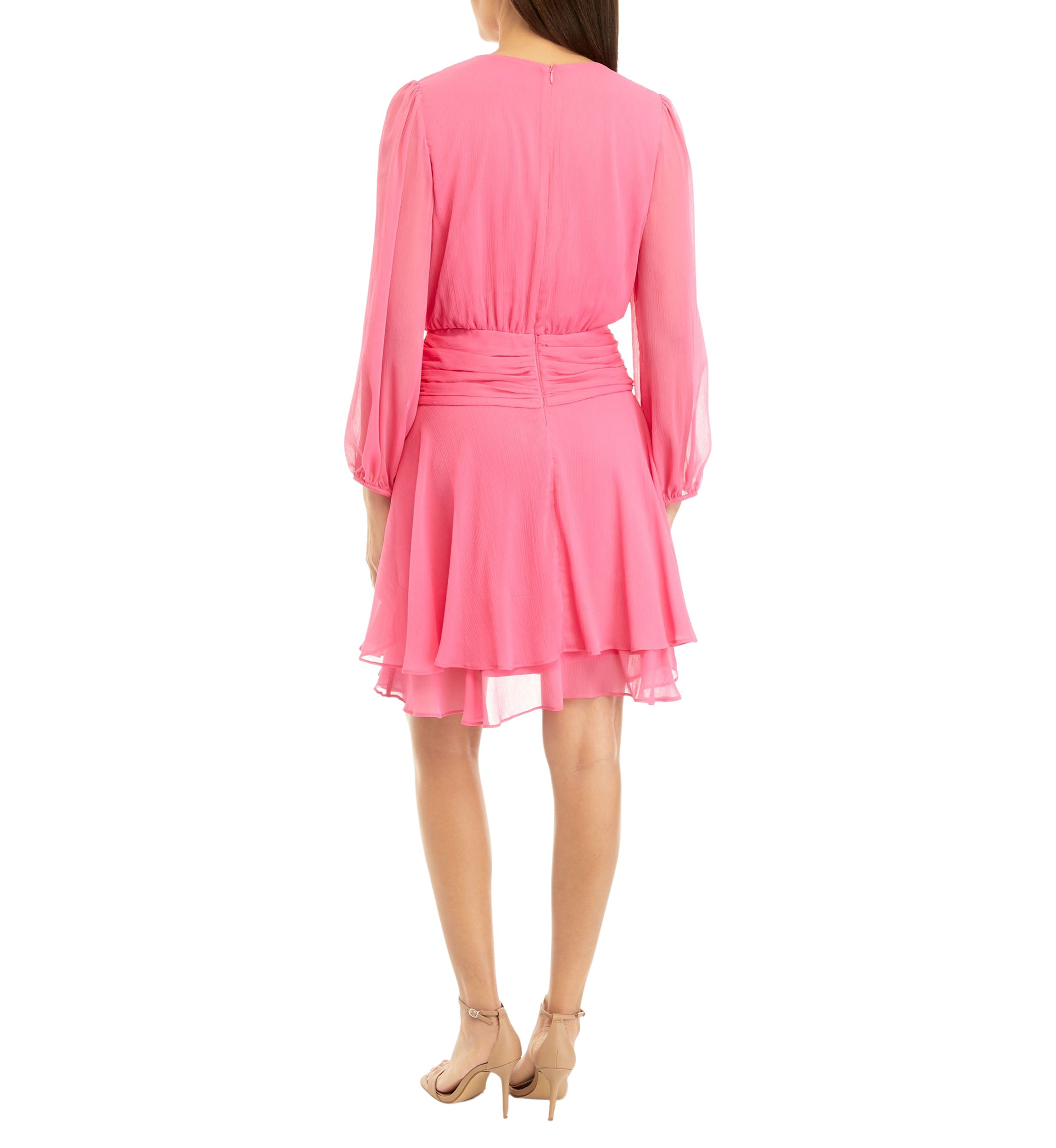 Womens Long Sleeve Chiffon Surplice Solid Fit and Flare Dress