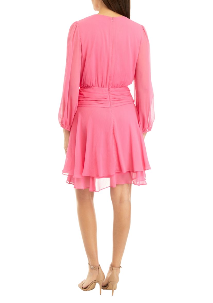 Womens Long Sleeve Chiffon Surplice Solid Fit and Flare Dress