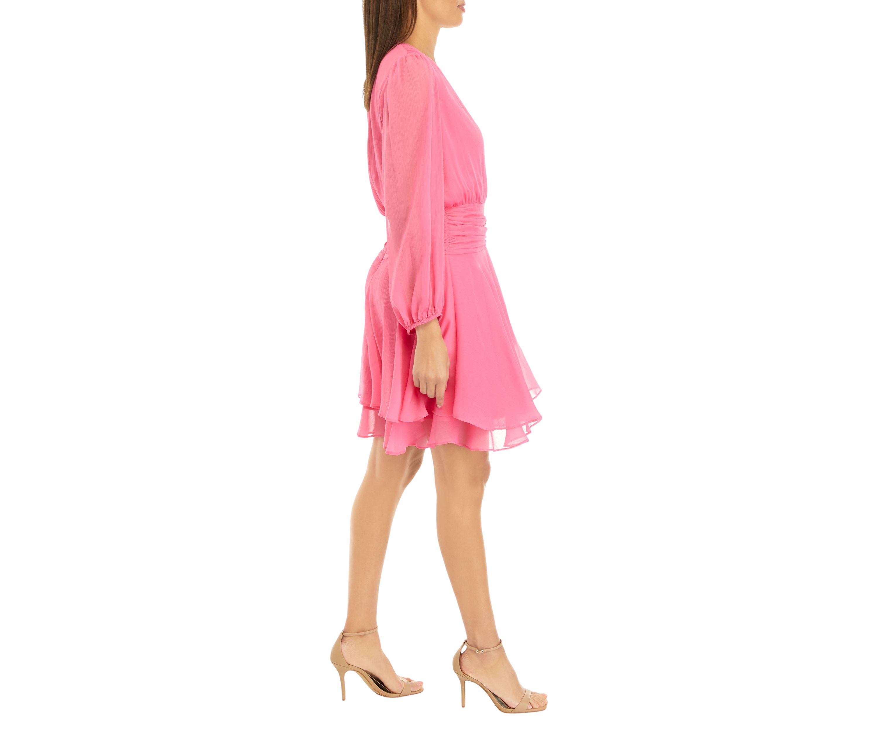 Womens Long Sleeve Chiffon Surplice Solid Fit and Flare Dress